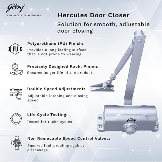 Godrej Hercules Door Closer | No Oil Leakage Guaranteed |(Silver Finish)